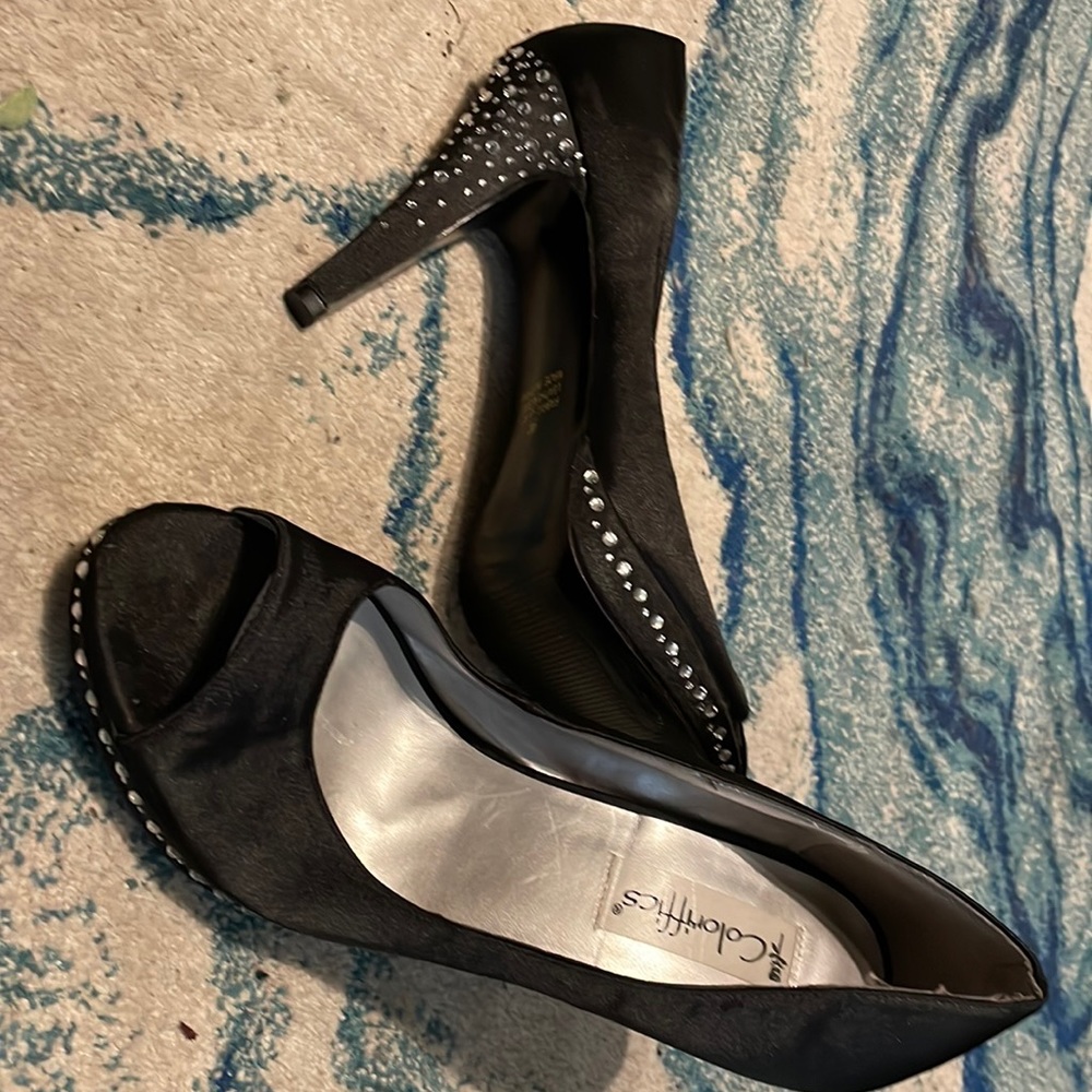 sz. 9 Black Satin Peeptoe stacked heel w/ Rhinestones
